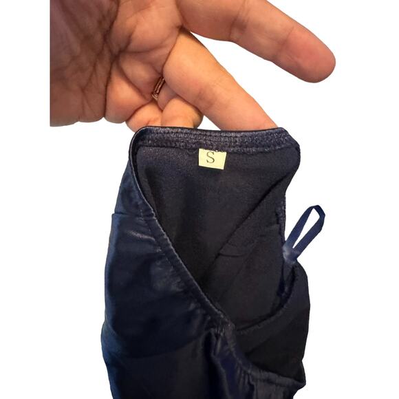 Womans Blue Mesh One Shoulder Sheer Split Thigh Knee Length Satin Dress Size S - Picture 10 of 10